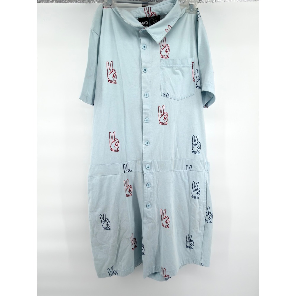 Mad Engine Men's Romper Large Light Blue Peace Sign Hand Print Button Front L